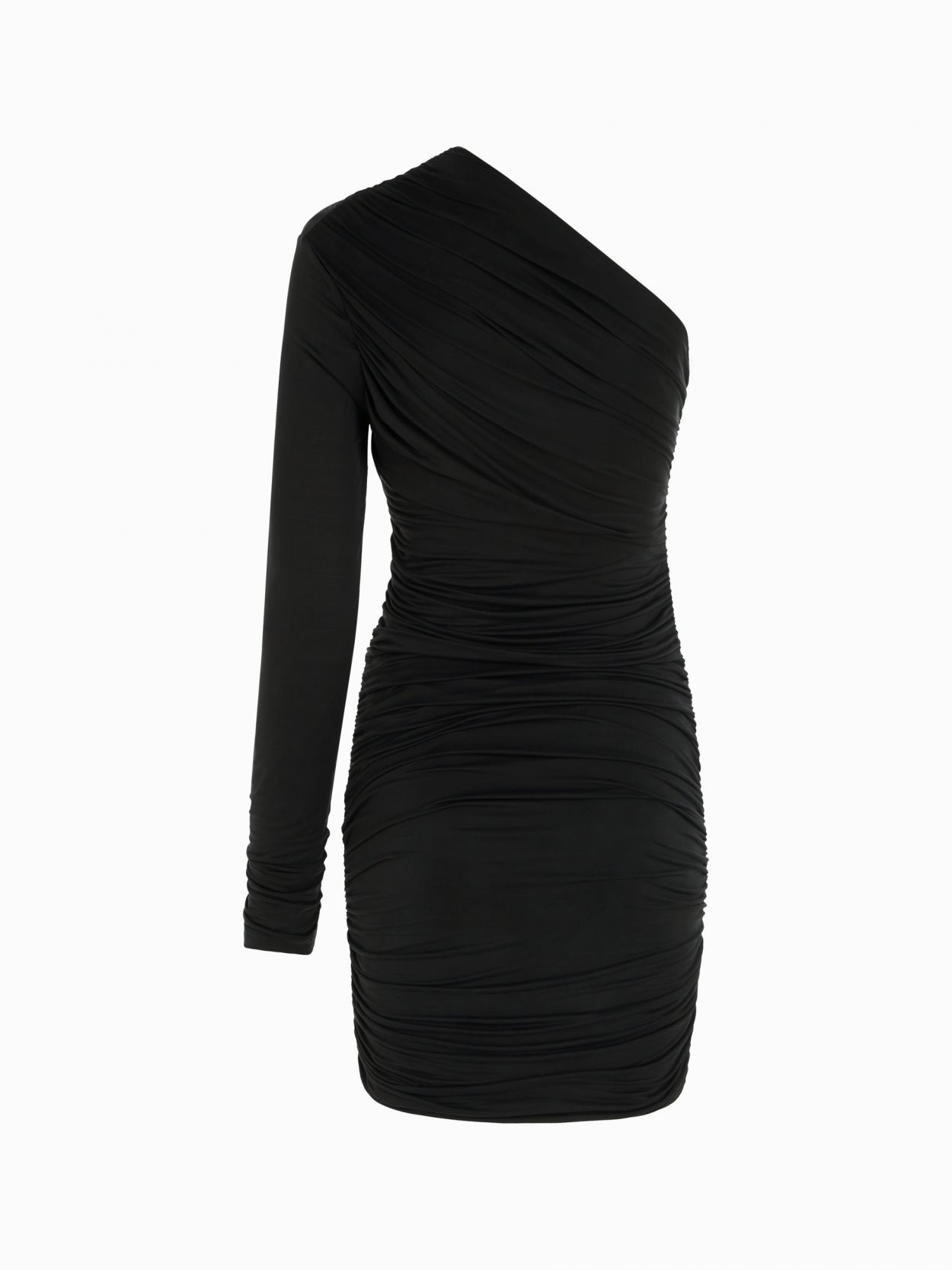 back packshot of a one sleeve black draped dress