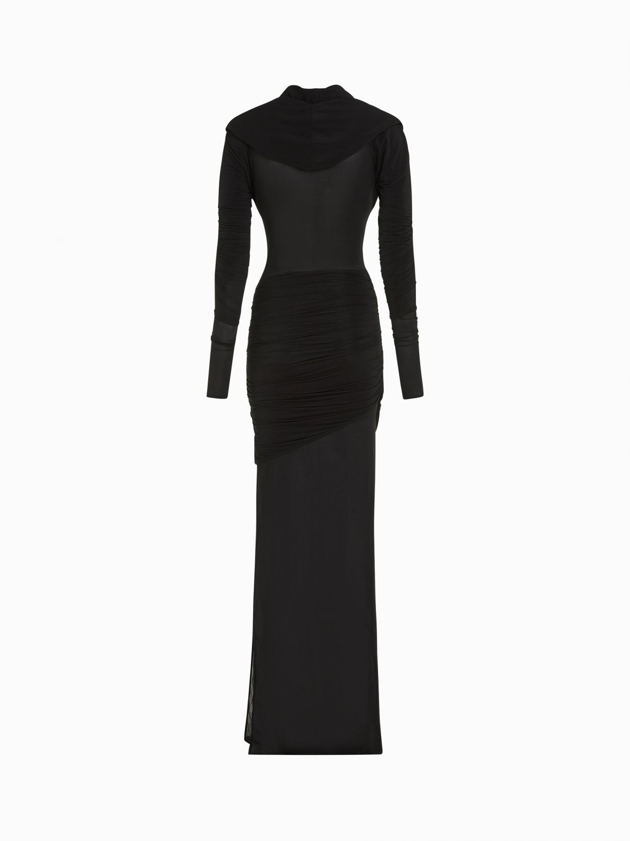 back packshot of a black hooded jersey draped dress