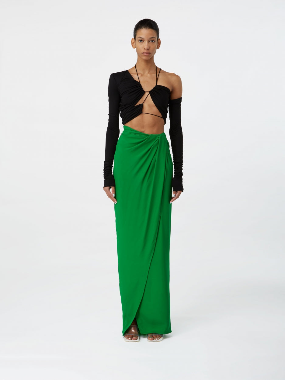 black asymmetrical top with long sleeves and straps