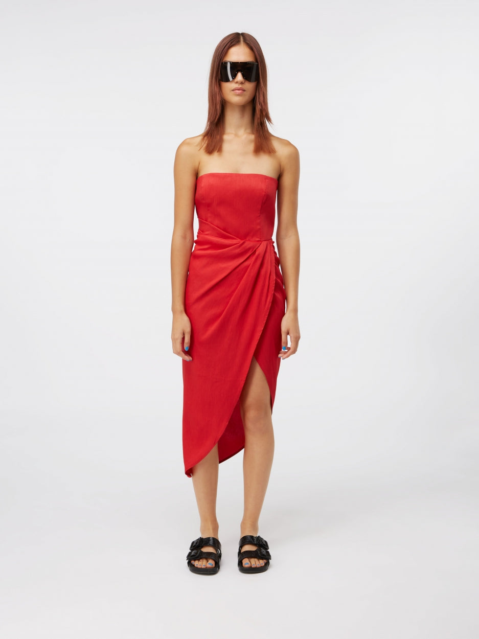 red linen strapless midi dress