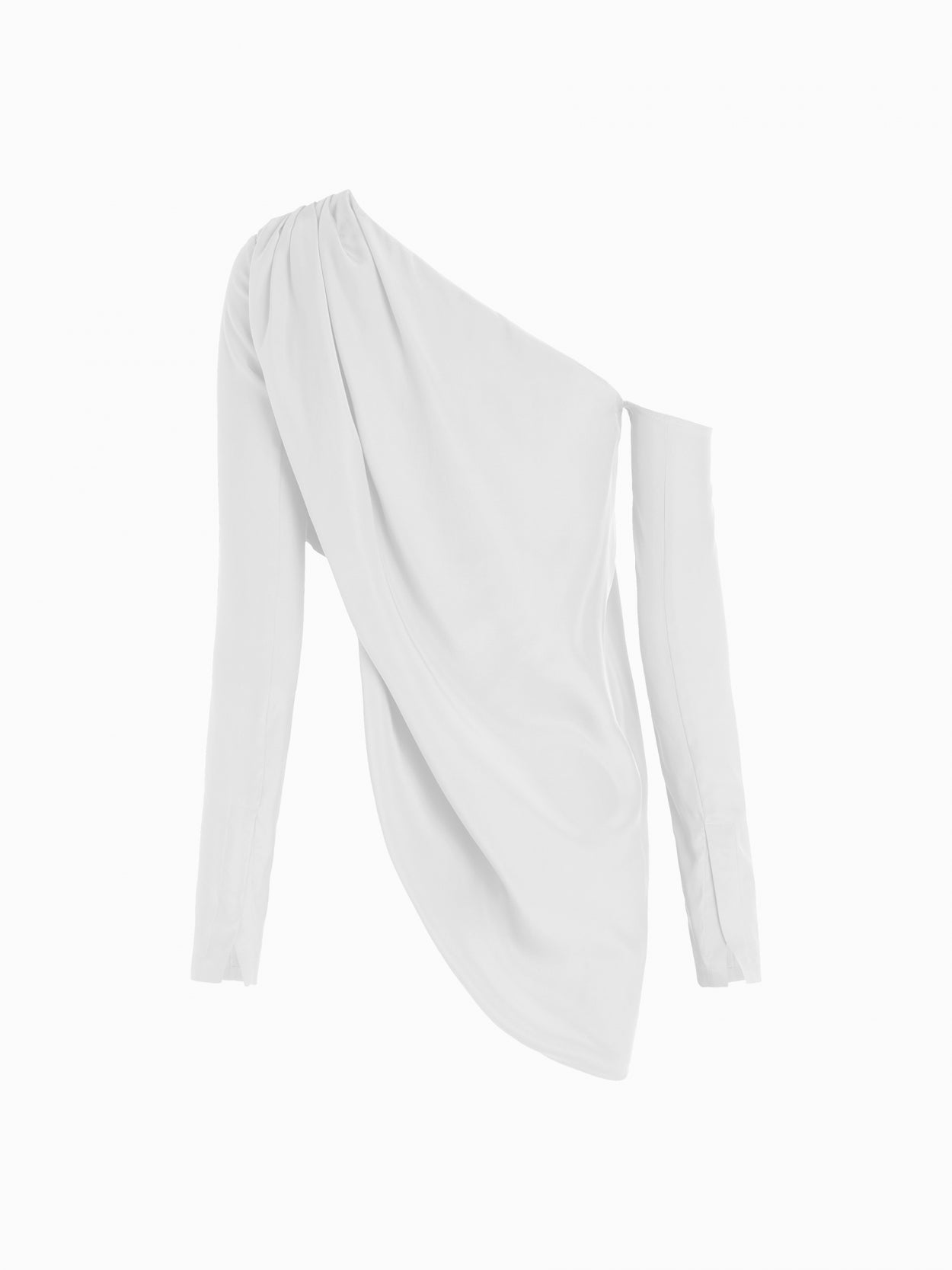 back packshot of a white asymmetric long sleeve silk top