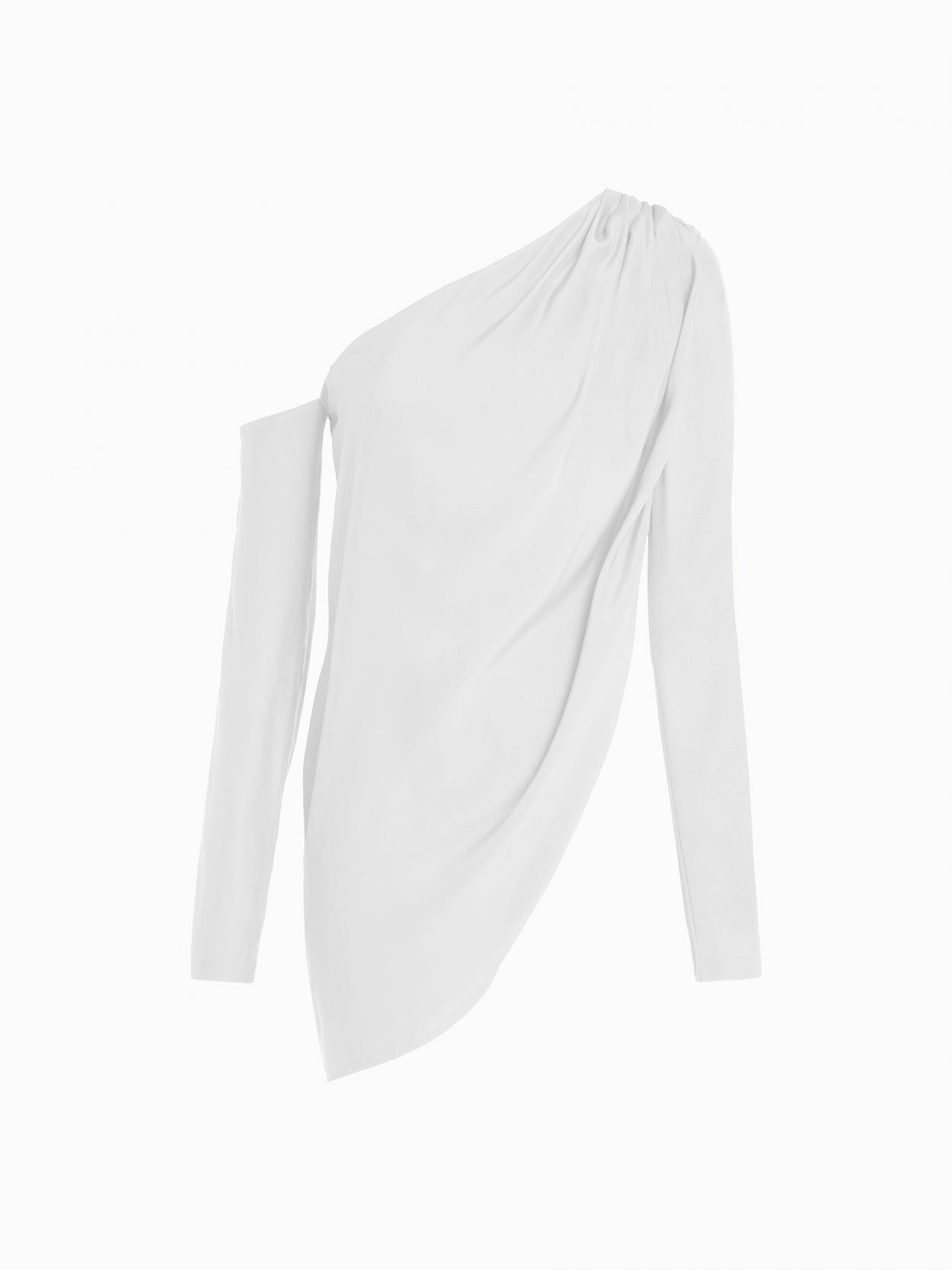 front packshot of a white asymmetric long sleeve silk top