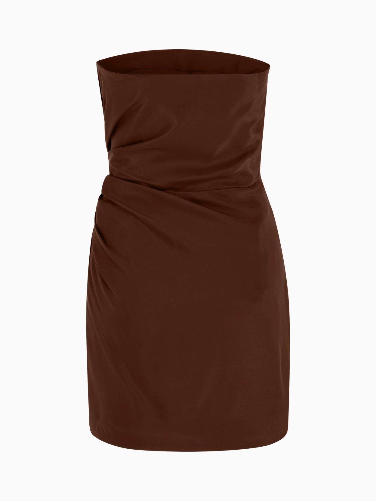 back packshot of a brown mini silk dress with knot detail