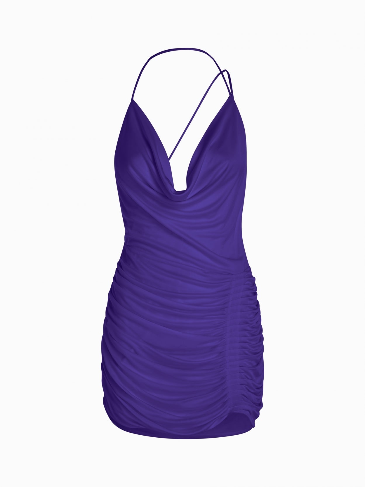 front packshot of a purple halter neck mini dress with  open back