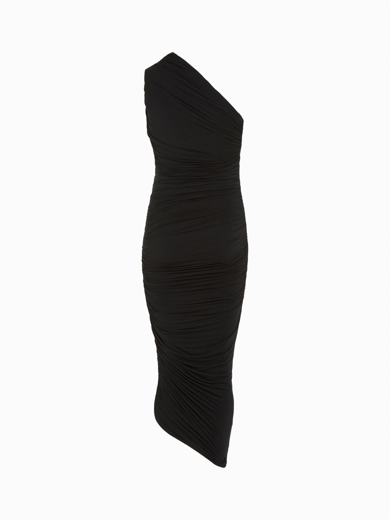 back packshot of a one shoulder black draped dress