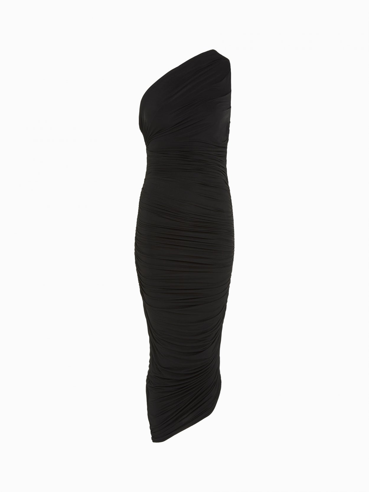 front packshot of a one shoulder black draped dress
