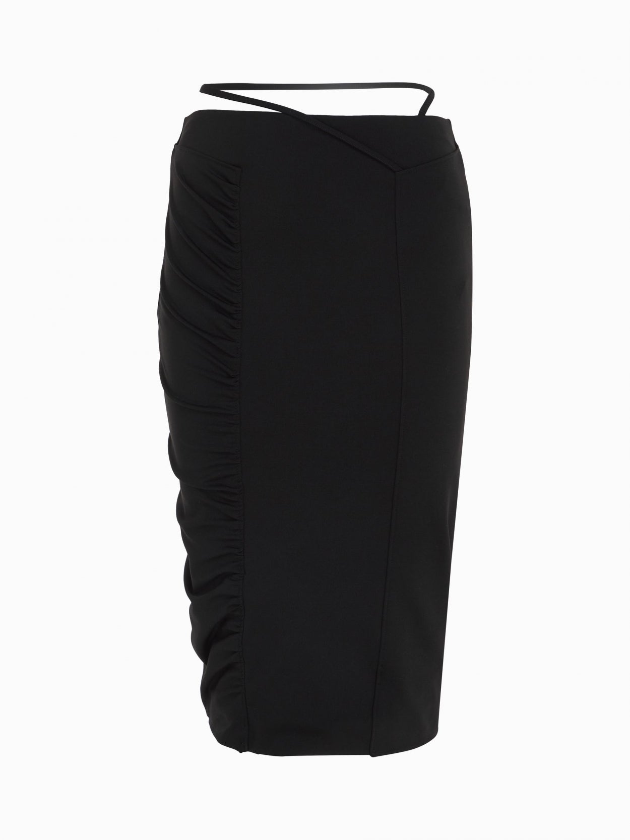 front packshot of a black midi pencil skirt with waist strap