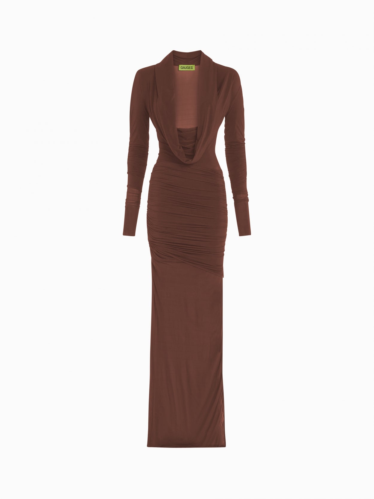 front packshot of a brown hooded jersey draped dress 