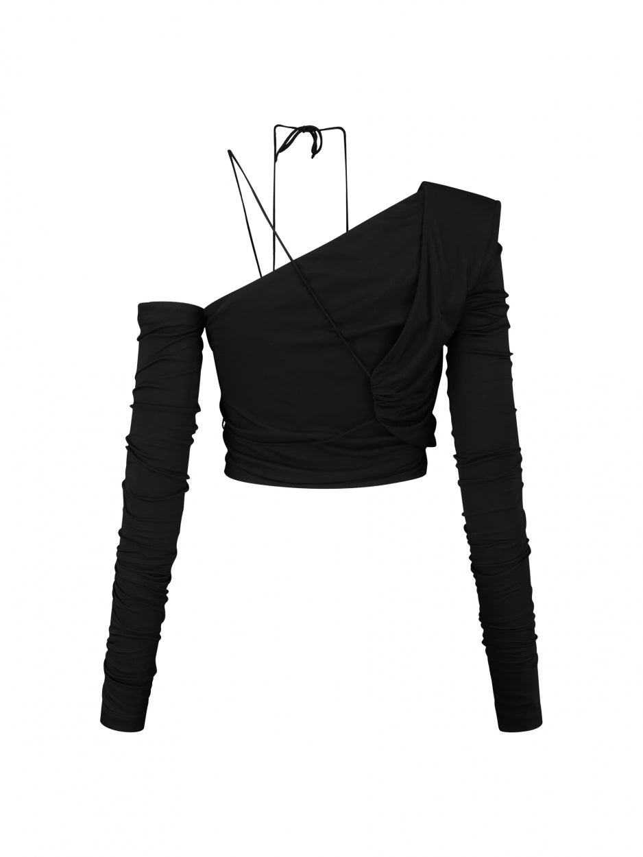 black asymmetrical top with long sleeves and straps