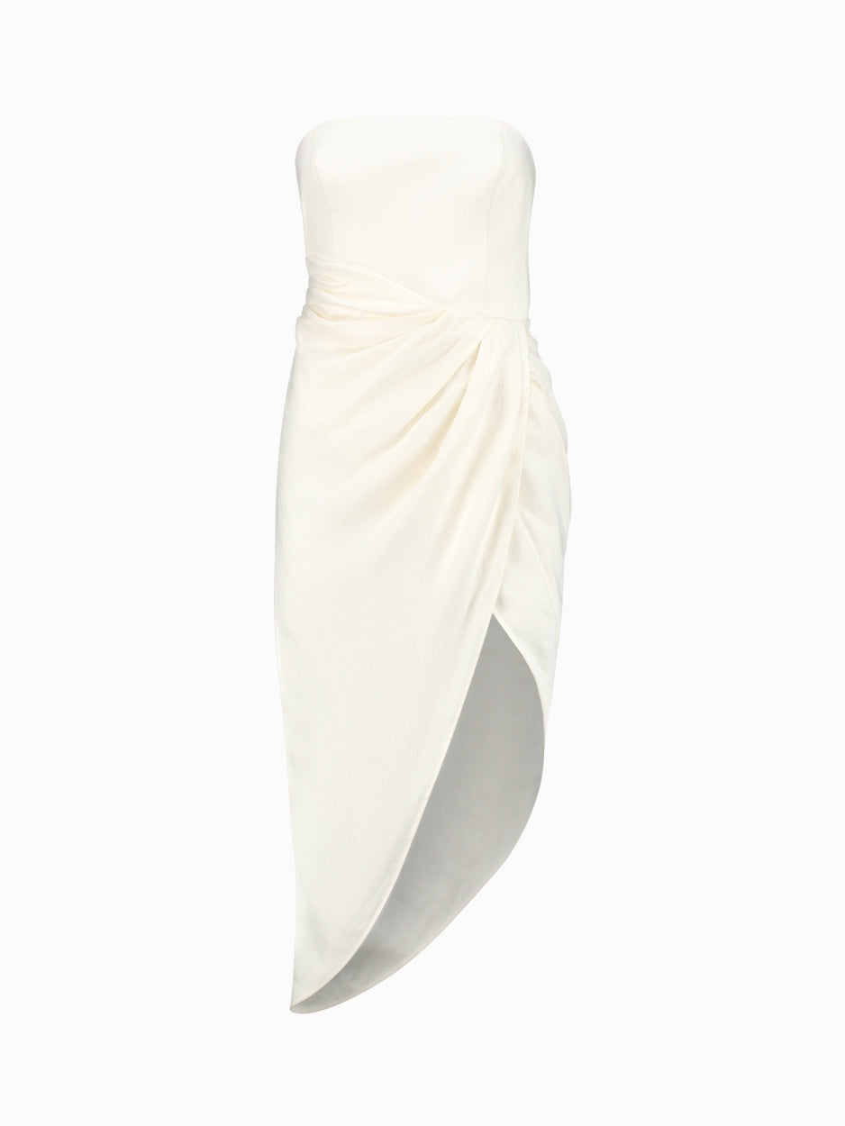 white linen strapless midi dress 