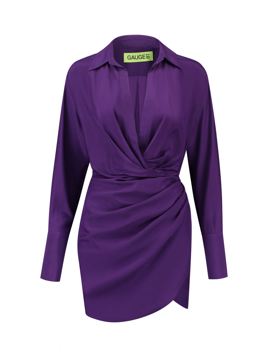purple silk mini shirt dress long sleeve