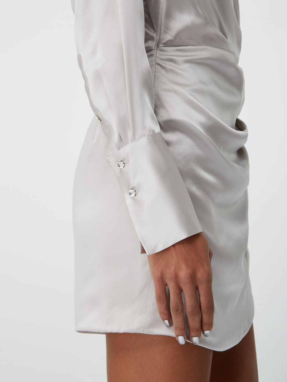 silver grey silk mini shirt dress long sleeves v neck