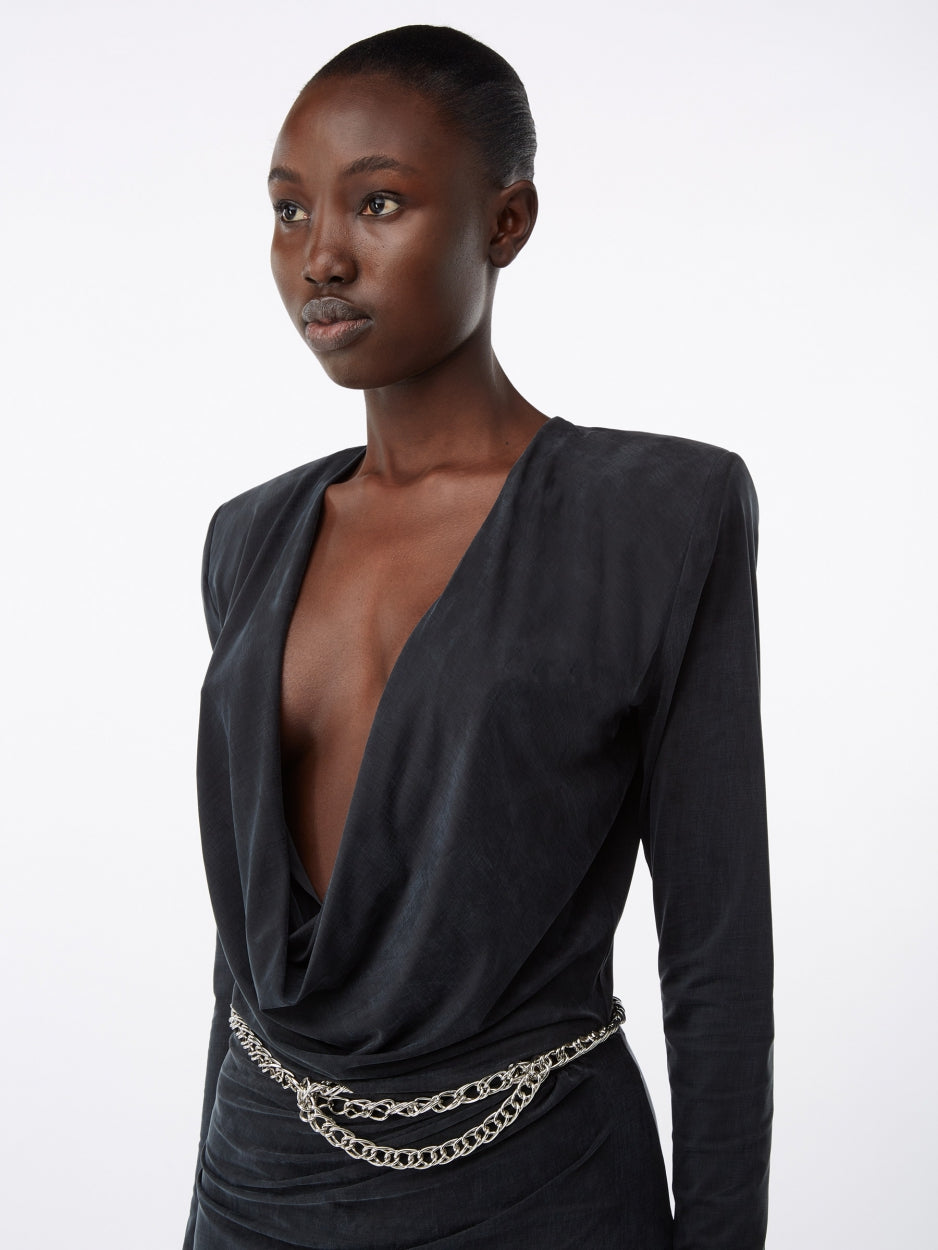 black mini dress with deep v neck long sleeves and metal belt