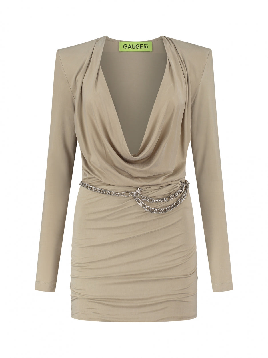 sand mini dress with deep v neck long sleeves and metal belt