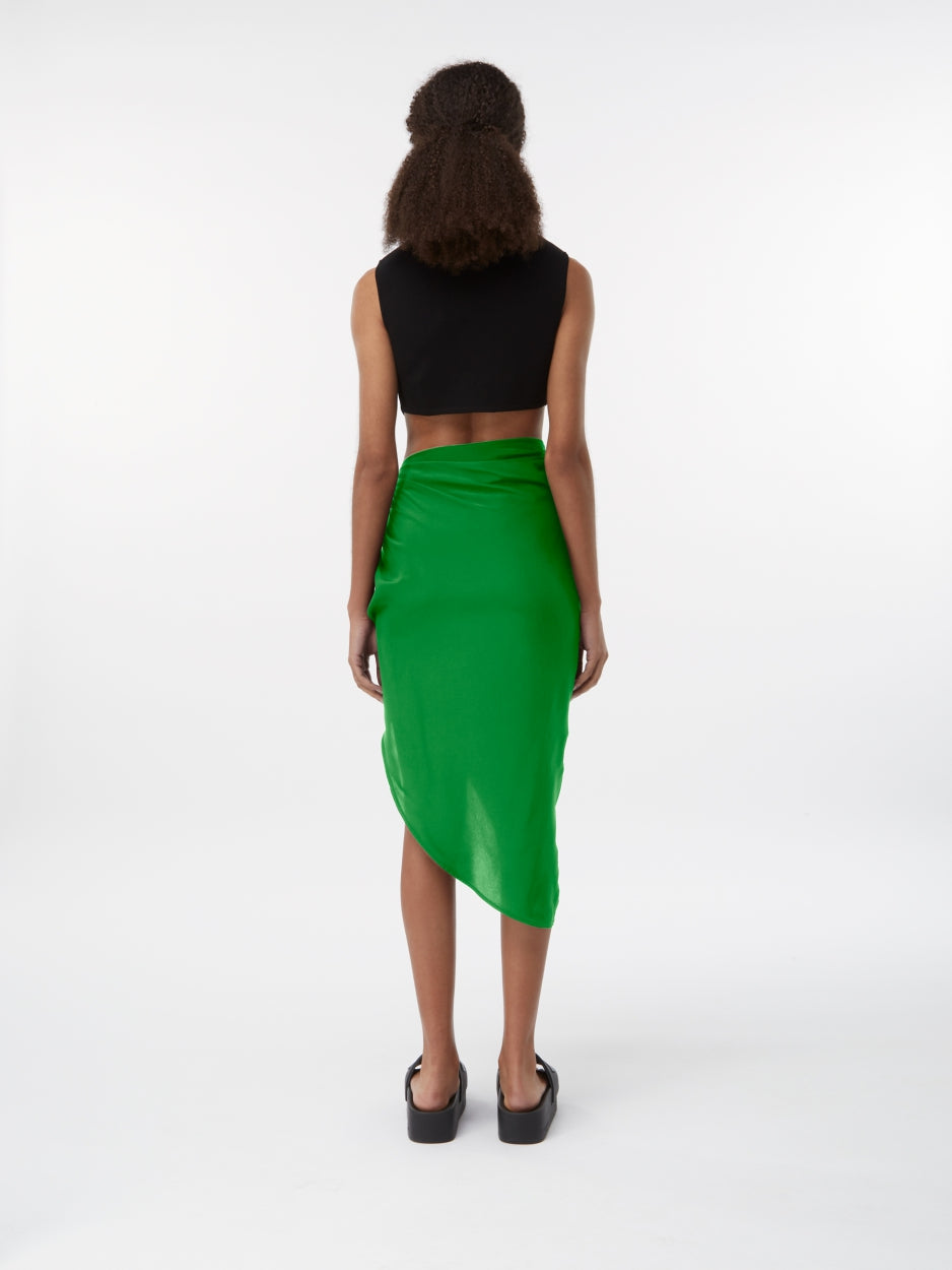 green silk midi skirt