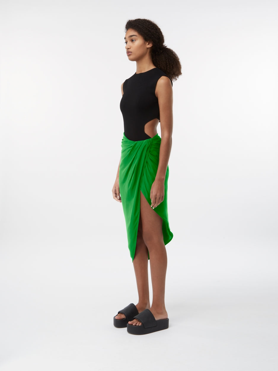 green silk midi skirt