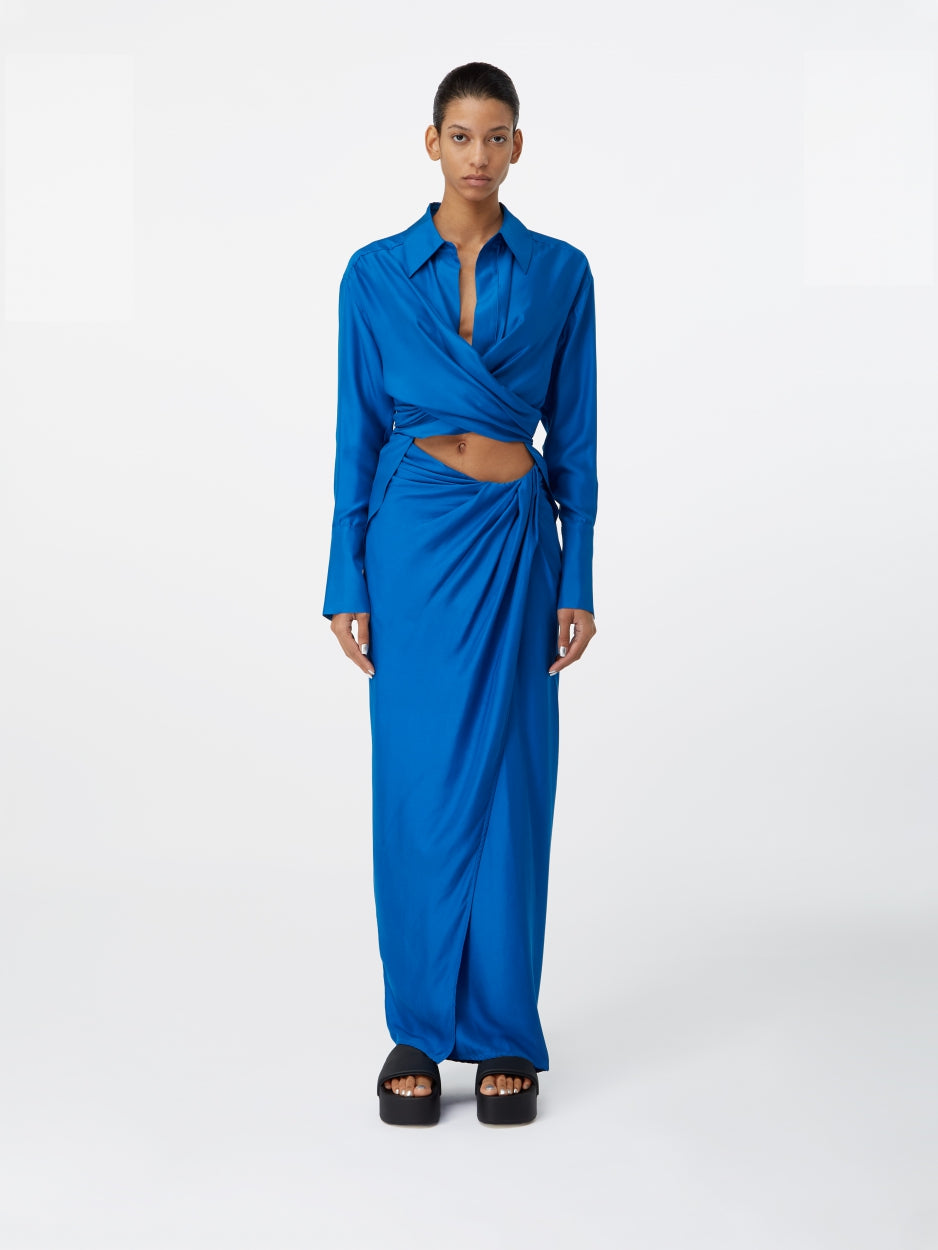 blue long maxi silk skirt