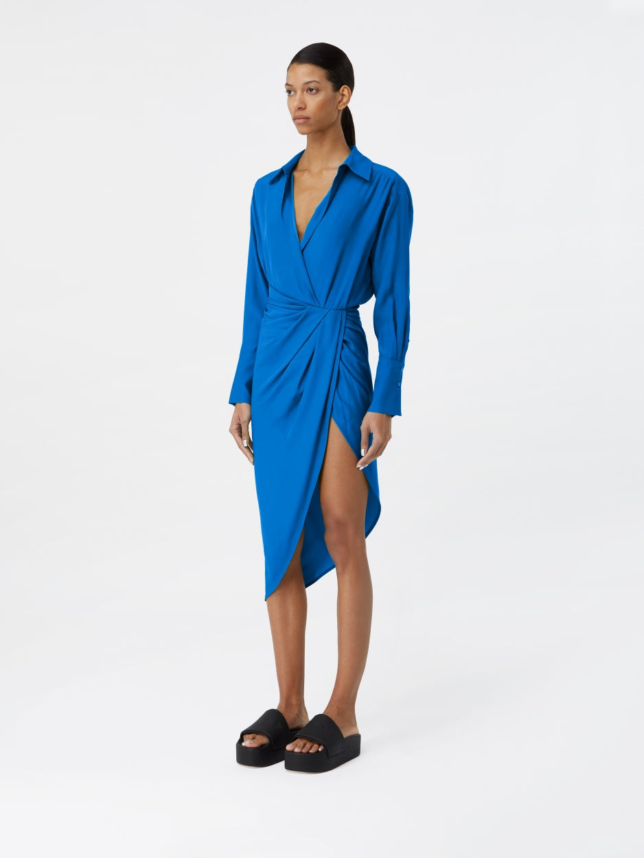 blue silk midi dress with long sleeves