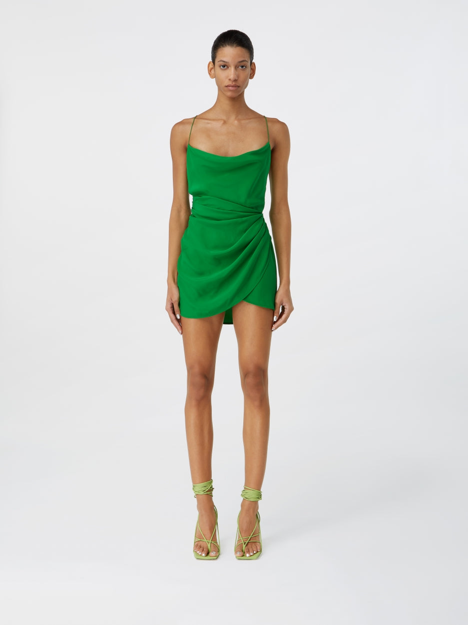 green mini silk dress