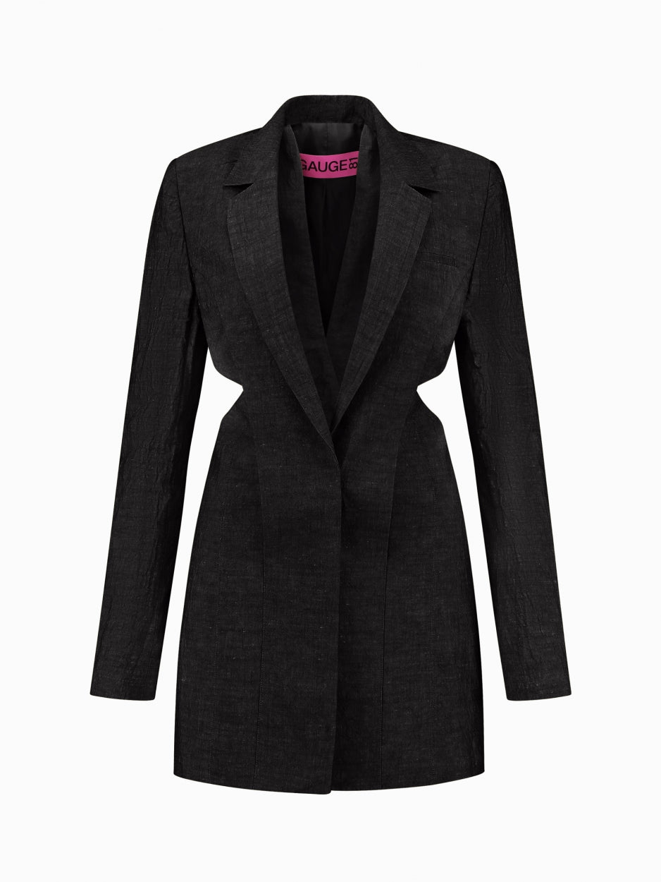black oversized blazer dress with cut outs