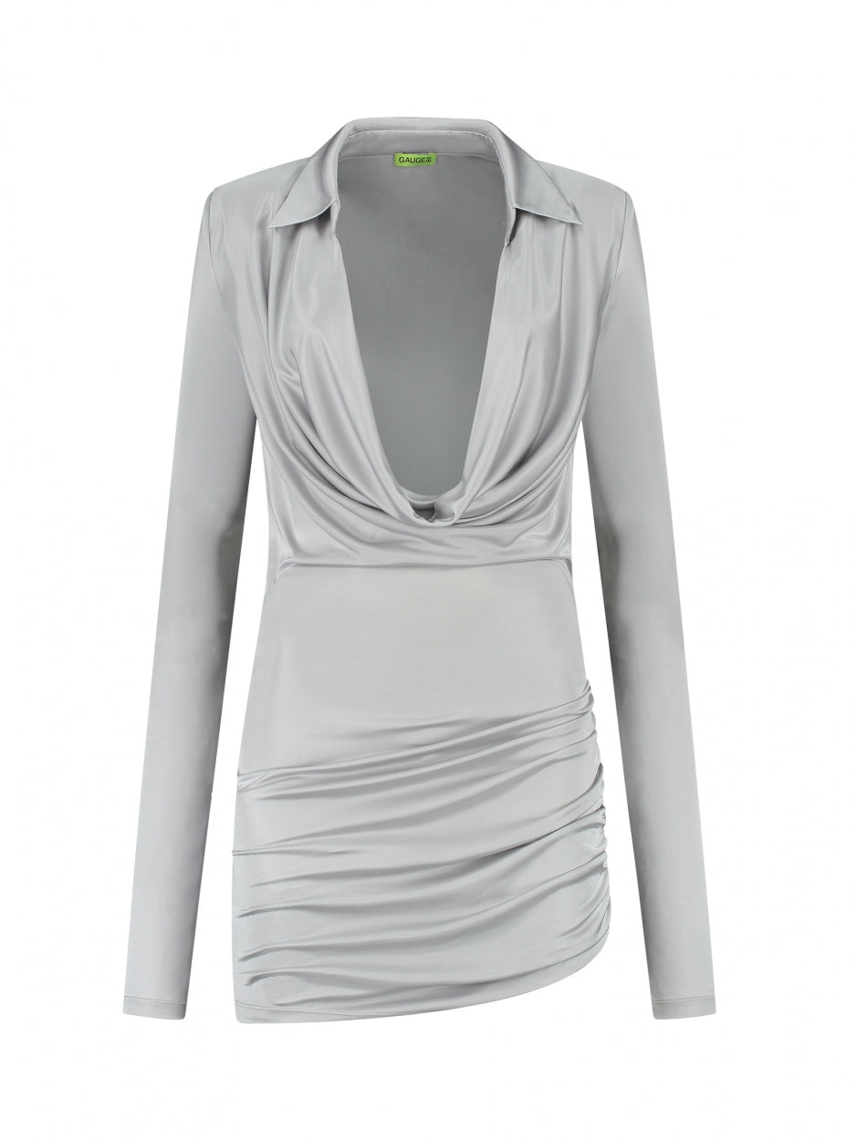 silver grey mini dress deep v neck long sleeve