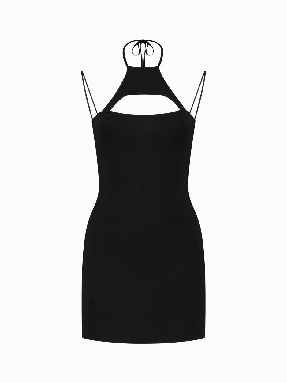 haltered mini black dress
