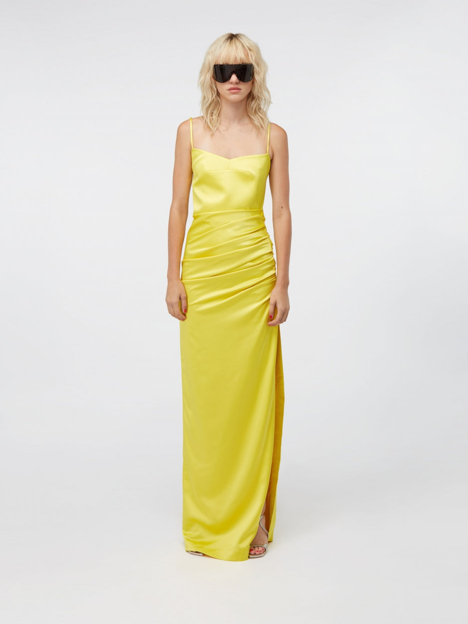 yellow long maxi dress satin